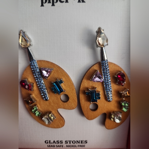 Piper K Artist Paint Palette Earrings Glass Stones & Real Wood - Picture 3 of 5